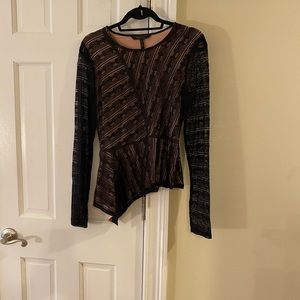 BCBG nude/Black Lace overlay Asymetrical top